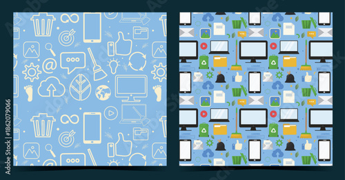 Two seamless patterns for digital cleanup  ideal for wrapping paper, backgrounds, and eco tech projects. Green IT. Digital cleanup day pattern. Digital carbon footprint. Vector illustration