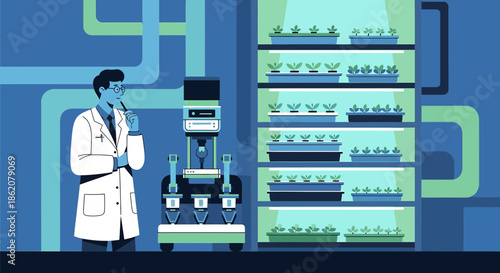 Botanical innovation illustration showcases automated hydroponics and a scientist in deep thought