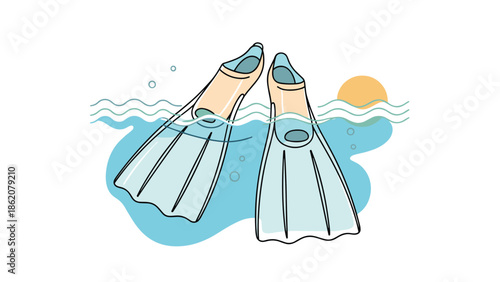 Pair of light-colored snorkeling flippers is partially submerged in calm blue water under a stylized orange sun, suggesting a tropical trip.