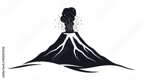 Powerful black silhouette of an erupting volcano shows thick smoke clouds, falling ash, and streams of lava flowing down its steep slopes.