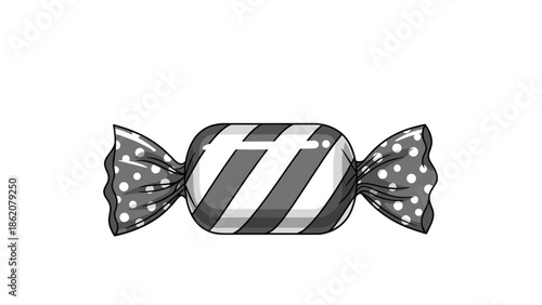 Simple black and white illustration shows a piece of wrapped hard candy decorated with bold diagonal stripes and small white polka dots.