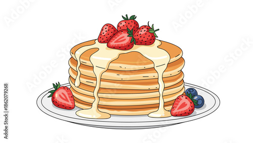 Delicious stack of golden pancakes is drizzled with sweet syrup and topped with fresh strawberries and blueberries on a white plate.
