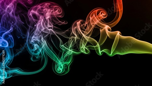 Abstract rainbow smoke flowing on dark background with smooth curves and vibrant gradient colors creating modern artistic motion energy for creative design background