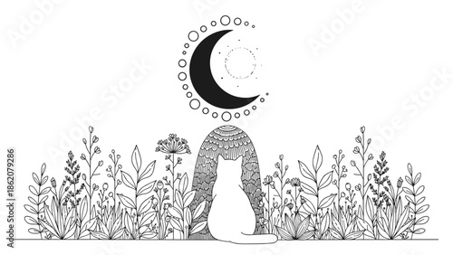 Peaceful line art illustration shows a cat sitting in a meadow of wildflowers while looking up at a crescent moon in the night sky.