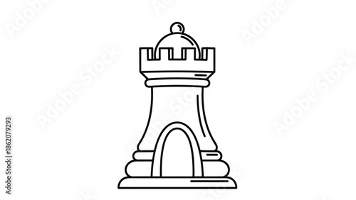 Stylized black and white drawing of a chess rook piece is designed with architectural details to resemble a medieval stone fortress tower.