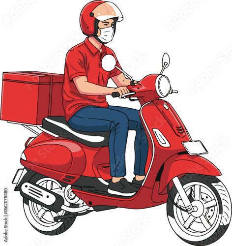 Delivery man riding red scooter with food box