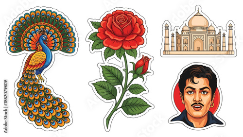 Illustrations of a peacock, rose, taj mahal, and a man