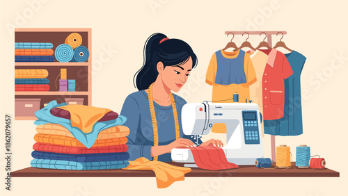 Woman sewing clothes in her workshop