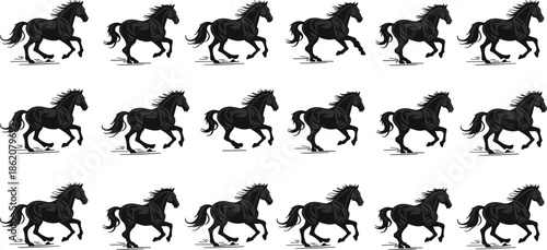 horse, stallion, gallop, running, animal, wild, speed, motion, sequence, silhouette, vector, black, naturing horse vector