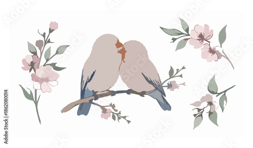 Watercolor lovebirds and flowers vector illustration set with romantic nature theme
