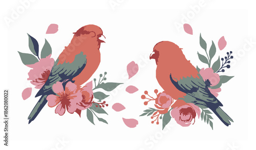 Expressive watercolor lovebird couple with flowers vector collection