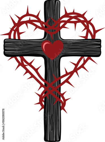 Christian Cross with Heart and Crown of Thorns Love Symbol Set on White Background