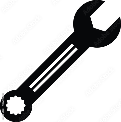 Black combination wrench with open end and star shaped socket on white background tool spanner