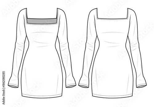 Square neck long sleeve tops technical flat drawing vector mockup illustration.