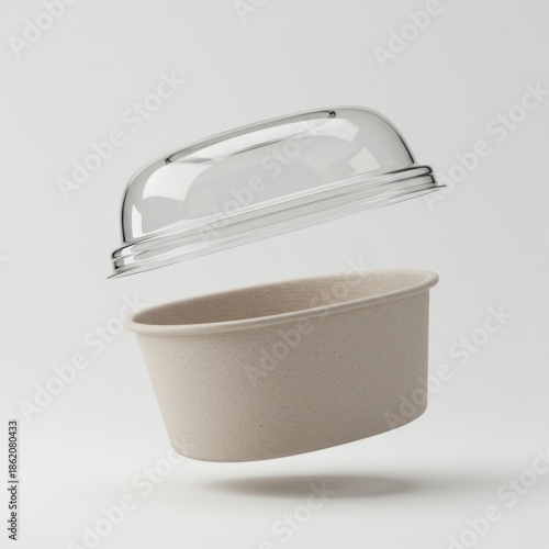 Empty Kraft Paper Bowl with Clear Plastic Lid Floating Against White Backdrop