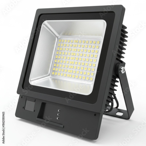 Black Led Floodlight on White Background Featuring Modern Design and Energy Efficiency