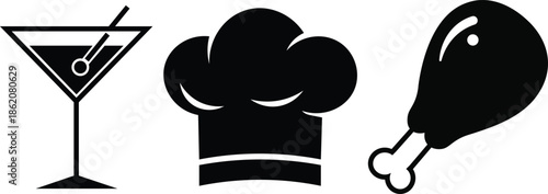 Black silhouette of cocktail glass chef hat and chicken leg martini glass toque blanche
