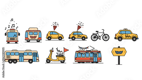 Colorful City Transportation Icons: Buses Taxis Scooters Bicycles and Streetcar