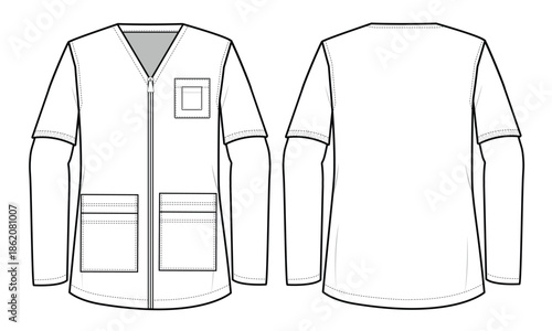 Long sleeve under-scrub t-shirt technical illustration vector mockup template.