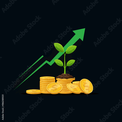 Green Plant Growing from Gold Coins.