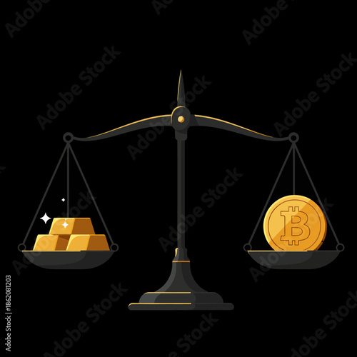 Scale Comparing Gold Bars and Bitcoin Coin.