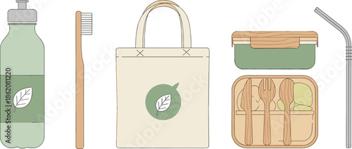Eco-friendly reusable items for sustainable living including water bottle, bamboo toothbrush, tote bag, lunch container, cutlery, and straw.
