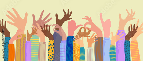Set of colorful hands with different gestures and sign vector illustration. Community, communication, friendship symbol elements.