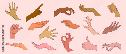 Set of colorful hands with different gestures and sign vector illustration. Community, communication, friendship symbol elements.
