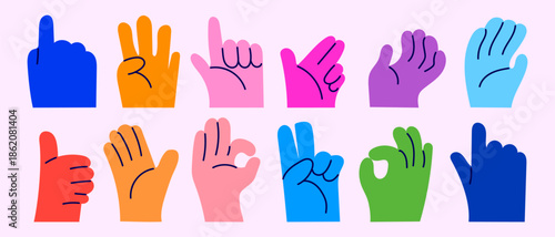 Set of colorful hands with different gestures and sign vector illustration. Community, communication, friendship symbol elements.