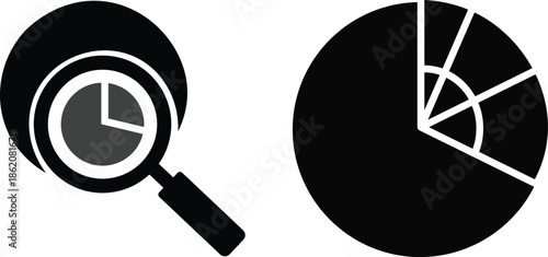 Magnifying glass over pie chart and separate pie chart data analysis research