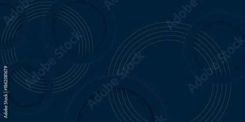 Abstract dark blue background with overlapping 3D geometric design and dynamic circular lines decoration. Modern curved background concept for banner, flyer, card, cover, and brochure. EPS. 2