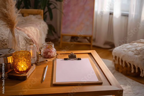 Cozy home office setup with clipboard and candlelight ambiance