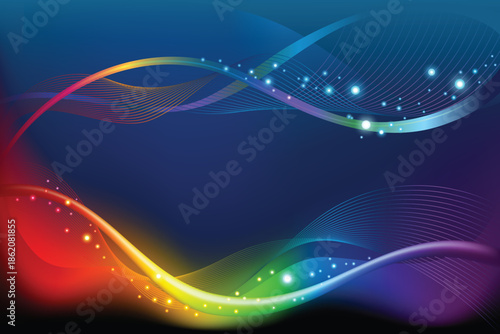 Rainbow Waves and Glowing Orbs on Dark Blue Background