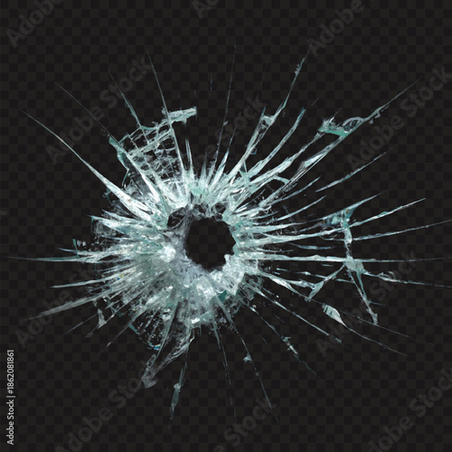 Shattered glass with bullet hole on transparent background