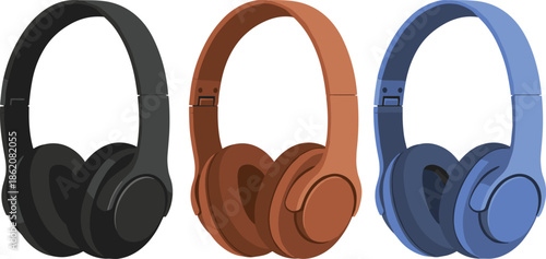 Three over-ear headphones in black, brown, and blue with padded headbands for audio and music visuals.
