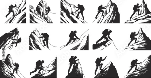 Mountain climber silhouettes vector set showing rock climbing adventure poses, extreme sports action scenes, black outdoor expedition illustration collection