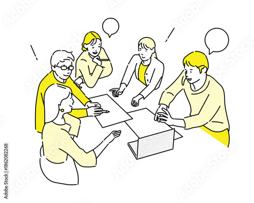 チームで打ち合わせー話し合いをしている男女学生ーブレーンストーミングーベクターイラスト人物素材