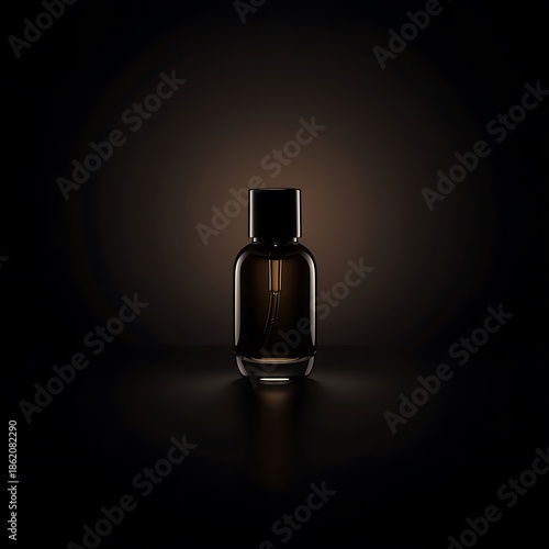 A dark, moody studio shot of a single, elegant perfume bottle with a dark amber liquid, illuminated by a soft spotlight against a black background.