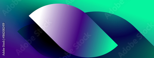 Abstract design features flowing purple, turquoise gradients. Smooth curves create dynamic visual impact against dark background. Modern, vibrant.