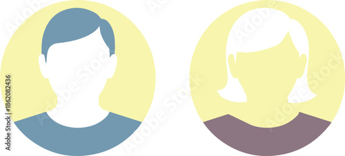 A simple illustration depicting two anonymous human heads a male and a female featured within yellow oval frames