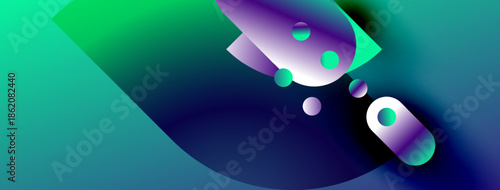 Abstract gradients blend, creating dynamic shapes. Vivid teal transitions into purple, forming fluid composition. Circles add depth.