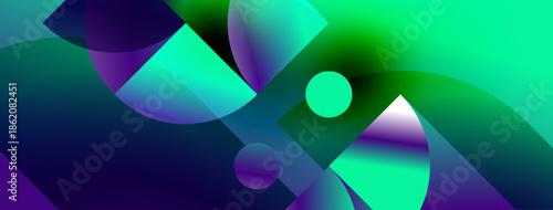 Abstract composition features flowing shapes, vibrant gradients. Turquoise, purple hues dominate design, creating dynamic visual effect.