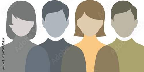 A minimalistic depiction of four anonymous human figures arranged side by side showcasing diverse silhouettes and neutral color schemes