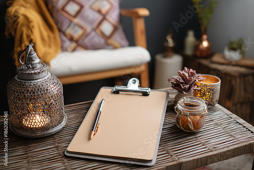 Cozy home office setup with clipboard, pen, and warm decor