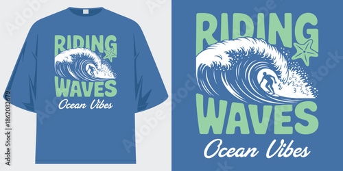riding waves ocean vibes surf beach coastal vintage retro graphic tee t shirt design vector illustration artwork
