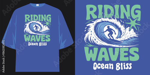riding waves ocean bliss surf beach coastal vintage retro graphic tee t shirt design vector illustration artwork
