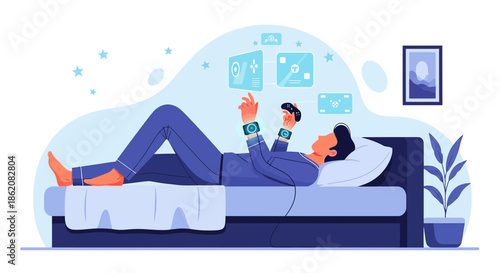 Cartoon style of Man relaxing and playing video games in bed with virtual reality interface