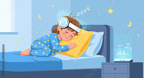 Child Sleeping with futuristic device monitoring sleep, wellness technology concept illustration