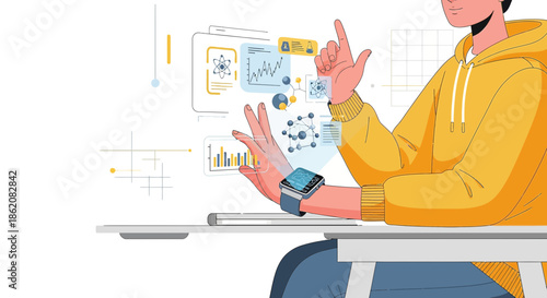 Concept visualization of a person interacting with futuristic science and data analytics interfaces