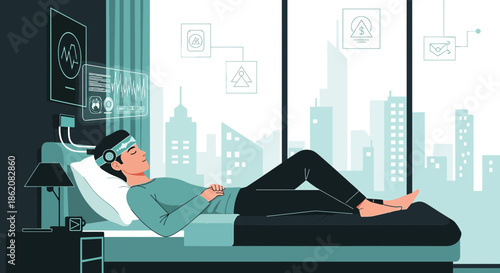 Conceptual illustration depicting a person using advanced technology for sleep analysis and